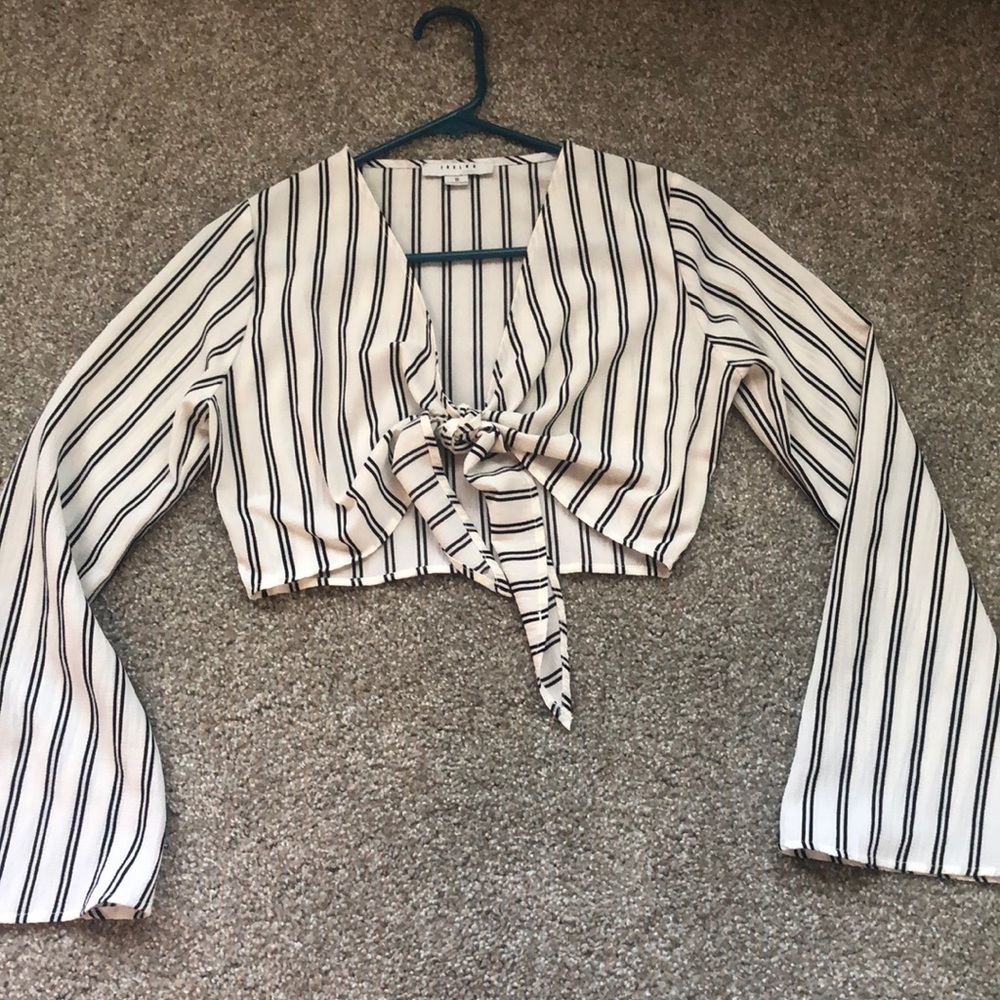 Pin striped black and white crop tie top